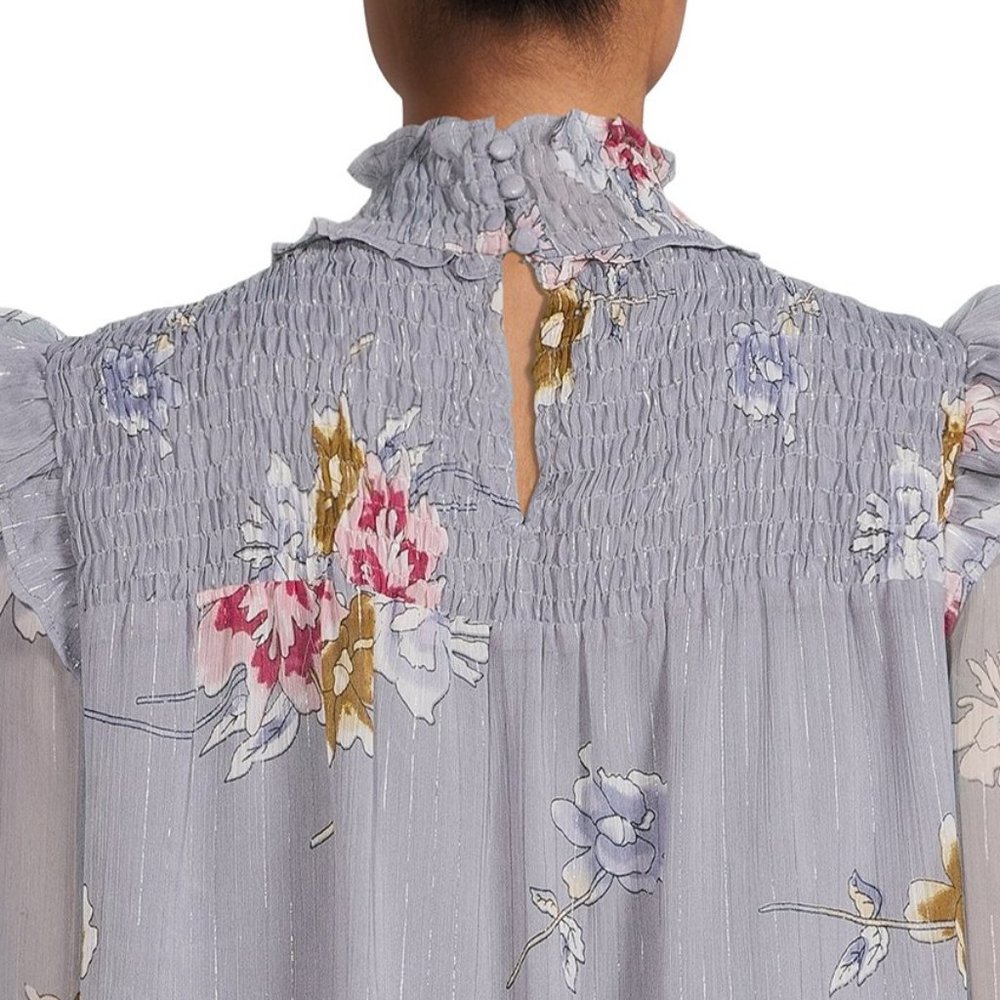 Floral Ruffled Poet Blouse High Neck Smocked Long Sleeves Sz XL NWT - Picture 4 of 8